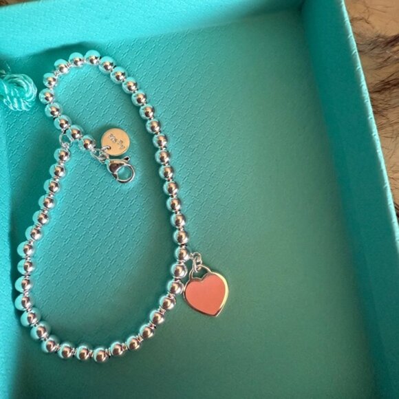 Tiffany & Co Pink Enamel Heart Silver Bead Bracelet